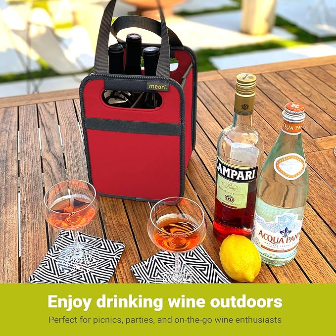 Meori Collapsible Drink Tote Bag, 4 Bottle Bag, Tear-Resistant Reusable Drink Carrier, Foldable Portable Carrier, Gift for Wine Lovers, Hibiscus Red