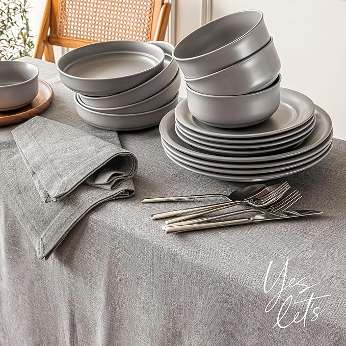 over&back 100%-Linen Woven Tablecloth - Colorful Dining Room Table Cover - Mitered Corner Hems - Machine Washable - Kitchen and Home Decor - Grey - 70x108