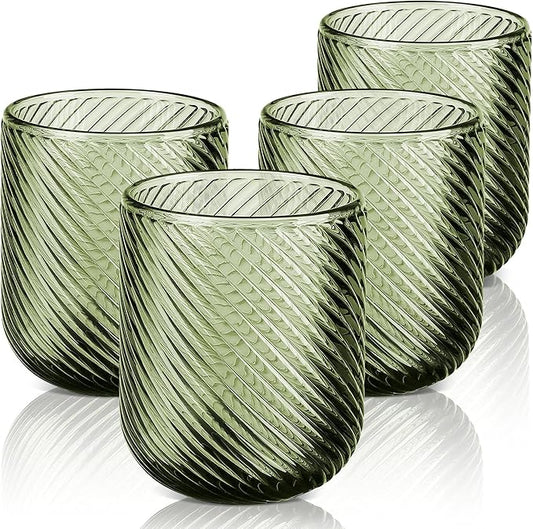 Joeyan Vintage Small Drinking Glasses,Green Ribbed Embossed Colored Water Glasses Tumbler Cups,Glassware for Beverages Cocktail Whisky Beer Juice,9 oz,Set of 4,Dishwasher Safe