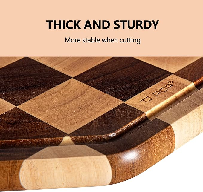 TJ POP End Grain Wood Cutting Board With Juice Groove, Octagon Serving Board For Kitchen, Flippable Charcuterie Board For Cheese, Bread & Fruits, 12x12x0.8 Inch
