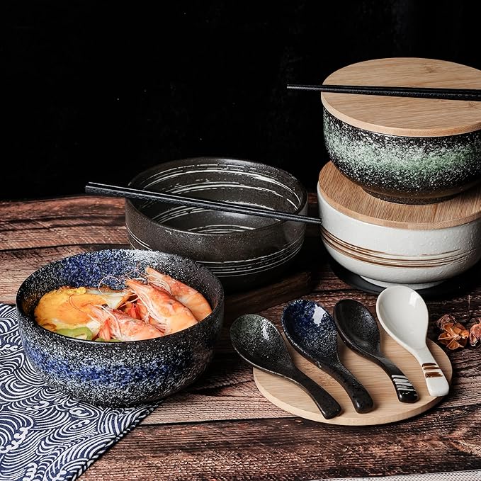 38 OZ Large Ceramic Ramen Bowls Sets， Japanese ramen bowls, soup bowl, noodle bowls with Spoons and Chopsticks For Salad, Rice, Noodles, Microwave & Dishwasher Safe (Ramen bowl set)