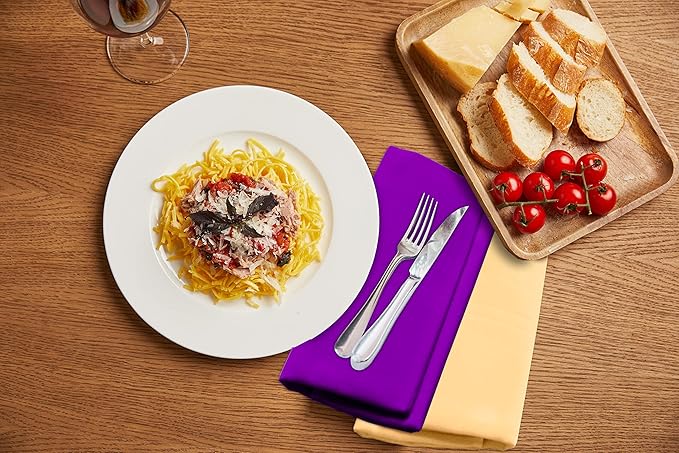 Ruvanti Cloth Napkins Set of 12, 18x18 Napkins Cloth Washable, Soft, Durable, Absorbent, Cotton Blend. Table Dinner Napkins Cloth for Hotel, Lunch, Restaurant, Wedding Parties - Purple & Ivory Gold