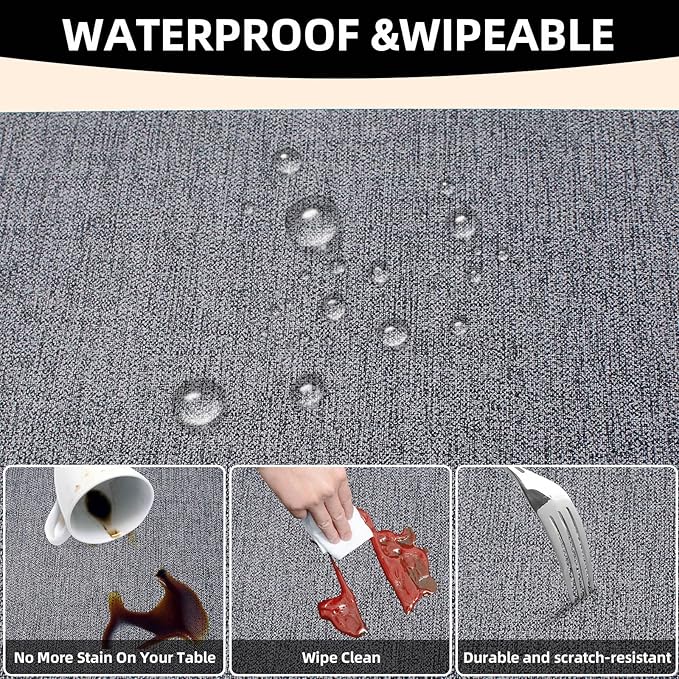 Vinyl Placemats Set of 6-12×17.7 Inch Waterproof & Heattable Placemats, Fall Faux Leather Wipeable Outdoor Table Mat for Dining, Kitchen, Indoor Outdoor Use (Grey, Linen Texture)