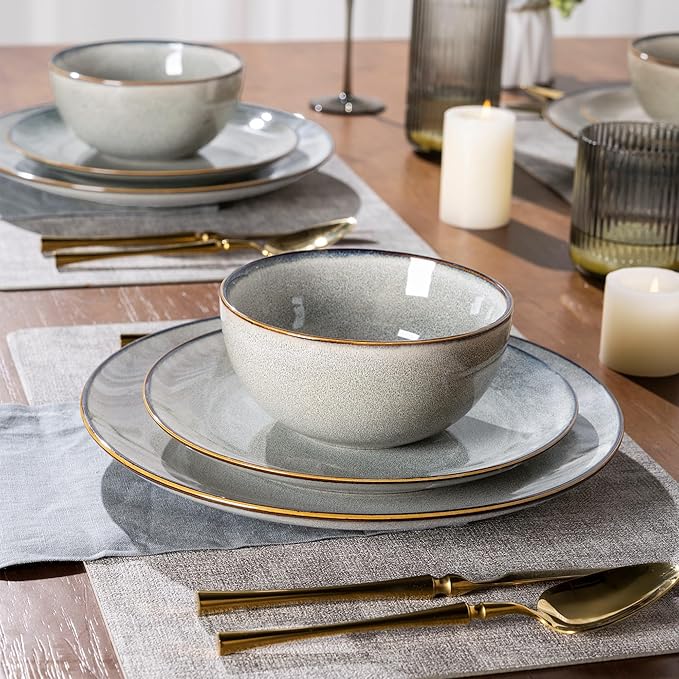 GBHOME Ceramic Dinnerware Sets for 4, 12 Pieces Stoneware Plates and Bowls Sets, Reactive Glaze Dishes -Scratch Resistant, Dishwasher&Microwave Safe