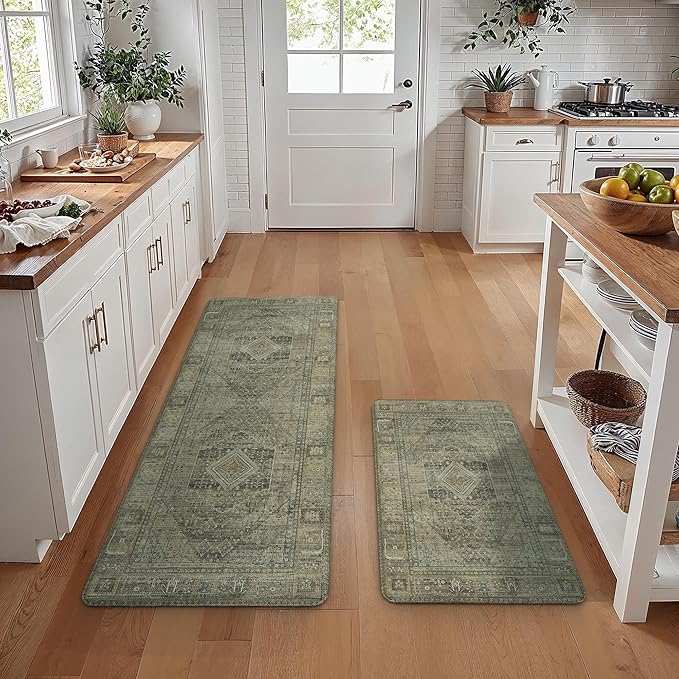 GENIMO Kitchen Mats for Floor 2PCs, Washable Anti Fatigue Mat for Cushioned, 17.3"x59"+17.3"x30", Waterproof Kitchen Rugs, Non Slip Comfort Standing Mat Rug for Home, Sink, Laundry, Tan