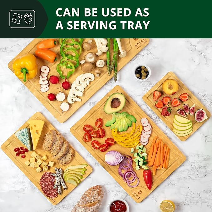 ROYAL CRAFT WOOD Wooden Cutting Boards for Kitchen Meal Prep & Cutting - Bamboo Wood Cutting Board Set with Deep Juice Groove Side Handles - Charcuterie & Chopping Butcher Block for Meat (4 Pcs)