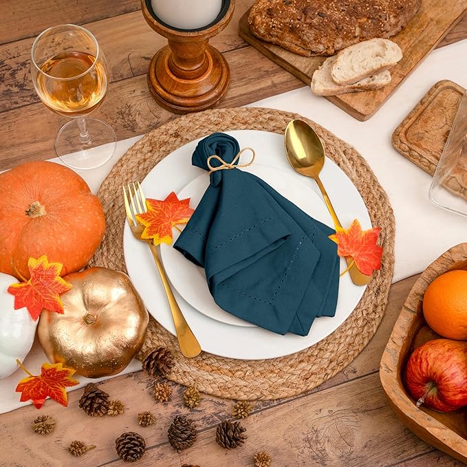 Blue Needles Set of 12 Hemstitch Linen Napkins 100% Cotton Crystal Teal Cloth Dinner Napkins 18x18 inches, Soft Reusable Absorbent Washable, Ideal for Fall Thanksgiving Events, Parties & Everyday Use