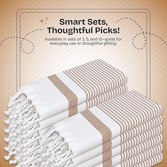 Brown Turkish Kitchen Towels 16x26 Inch, 12 Pack, 100% Cotton, Ultra Absorbent, Soft, Fast Dry, Machine Washable, Dish Towel with Tassels for Drying Dishes, Cleaning, Everyday Use