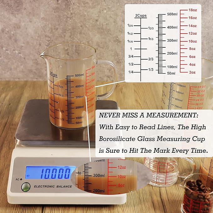 Glass Measuring Cup-[Insulated handle | V-Shaped Spout]-Made of High Borosilicate Glass Measuring Cup for Kitchen or Restaurant, Easy to Read, 500 ML (16 Oz, 2 Cup)