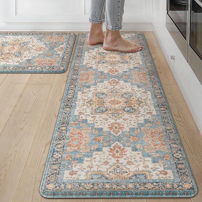 GENIMO Kitchen Mats for Floor 2PCs, Washable Anti Fatigue Mat for Cushioned, 17.3"x59"+17.3"x30", Waterproof Kitchen Rugs, Non Slip Comfort Standing Mat Rug for Home, Sink, Laundry, Blue&Salmon