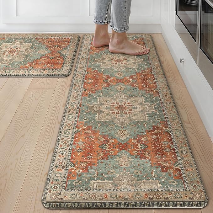 GENIMO Kitchen Mats for Floor 2PCs, Washable Anti Fatigue Mat for Cushioned, 17.3"x59"+17.3"x30", Waterproof Kitchen Rugs, Non Slip Comfort Standing Mat Rug for Home, Sink, Laundry, Multi
