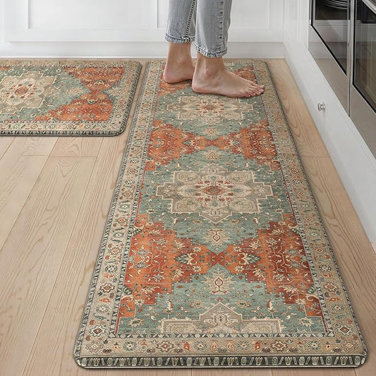 GENIMO Kitchen Mats for Floor 2PCs, Washable Anti Fatigue Mat for Cushioned, 17.3"x59"+17.3"x30", Waterproof Kitchen Rugs, Non Slip Comfort Standing Mat Rug for Home, Sink, Laundry, Multi