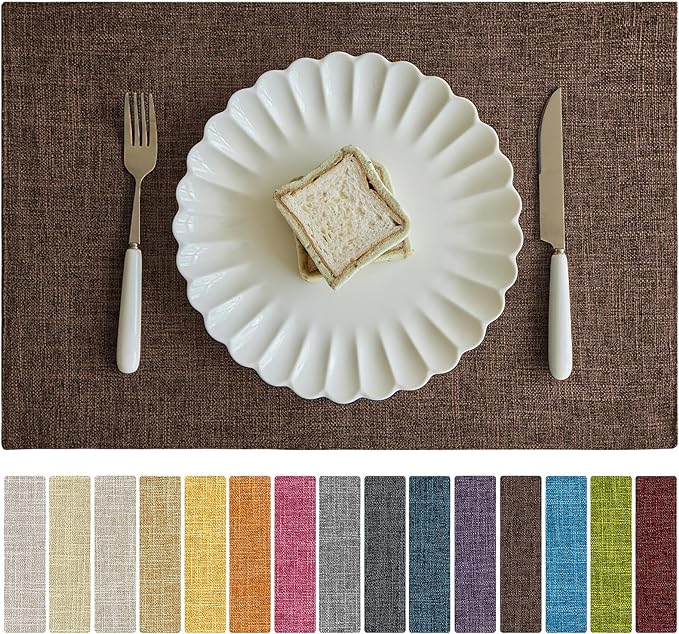 Softalker Faux Linen Placemats Set of 6-12 x 18 Inch, Heat Resistant Double Layered Durable Burlap Farmhouse Place Mats, Non-Slip Washable Rustic Table Mats for Dining, Kitchen, Party（Dark Brown