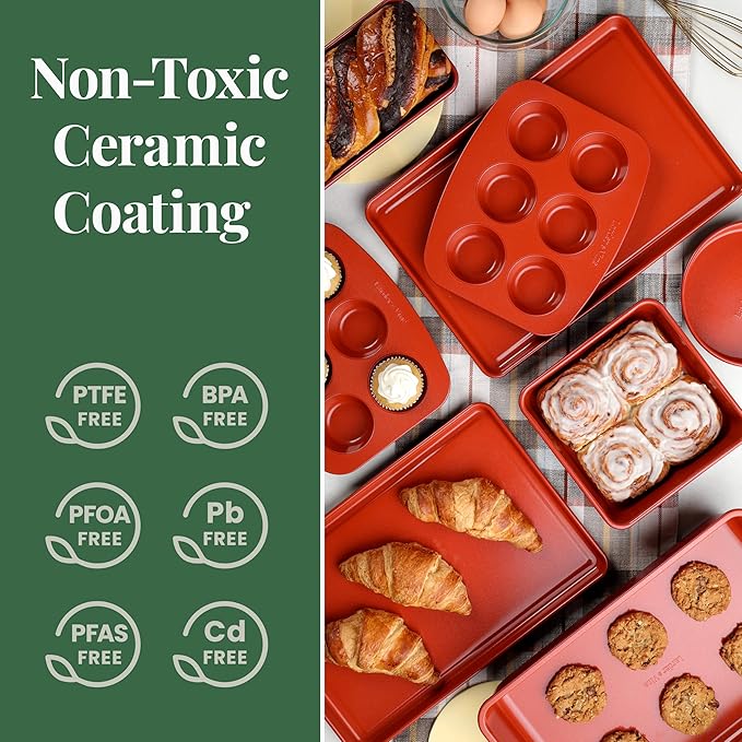 Larder & Vine 8-Piece Bakeware Set | Non-Stick Baking Set with Ceramic Finish | PFAS, PFOA, PTFE, and BPA Free Baking Essentials | Baking Sheets, Muffin Tins and Assorted Baking Pans | Cabernet