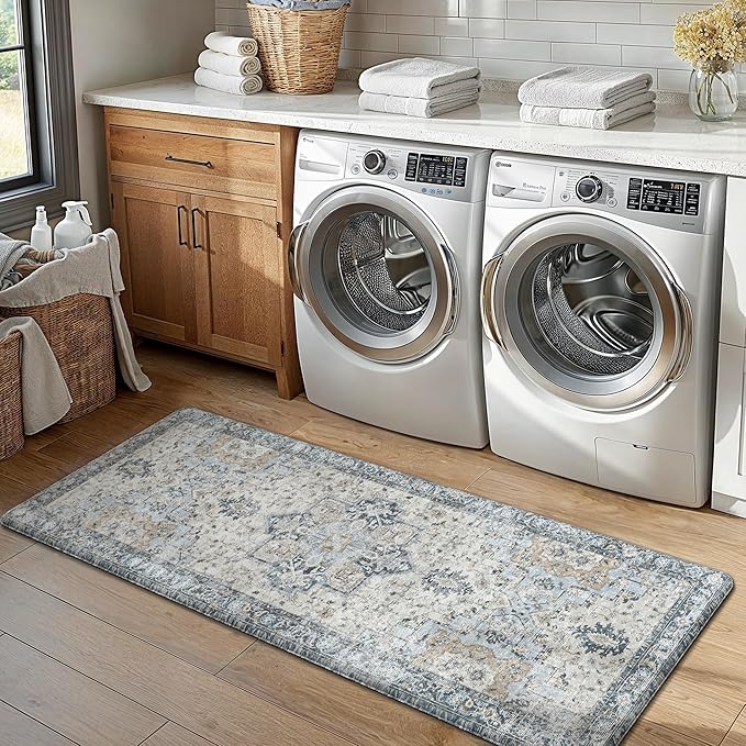 GENIMO Kitchen Mats for Floor 2PCs, Washable Anti Fatigue Mat for Cushioned, 20"x48"+20"x32", Waterproof Kitchen Rugs, Non Slip Comfort Standing Mat Rug for Home, Sink, Laundry, Light Blue