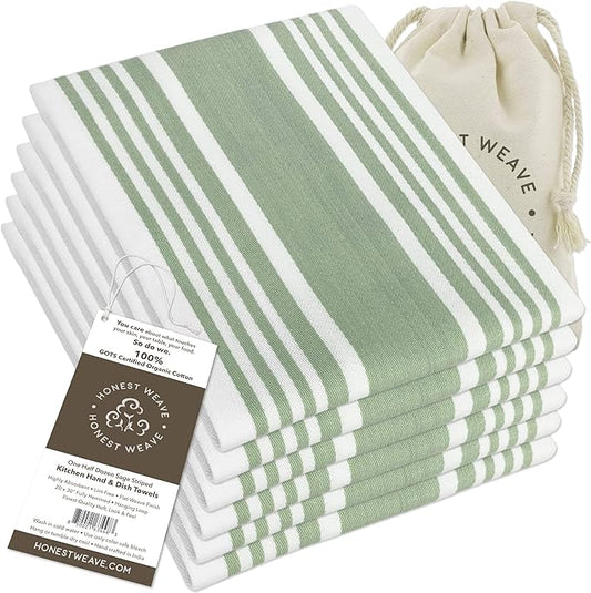 GOTS Certified Organic Cotton Kitchen Hand and Dish Towel Sets - Oversized 20x30 inches, Fully Hemmed, in Designer Colors, 6-Pack, Sage Stripe