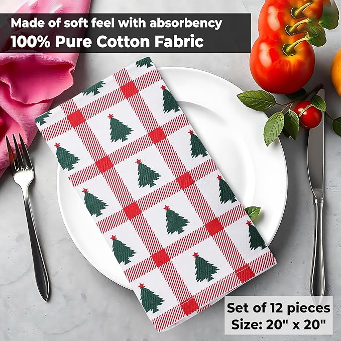Urban Villa Christmas Cloth Napkins 100% Cotton Absorbent Dinner Napkins Tree Print (Set of 12) 20x20 Inches Soft Durable Washable Ideal for Everyday Use Wedding Parties Cloth Napkins