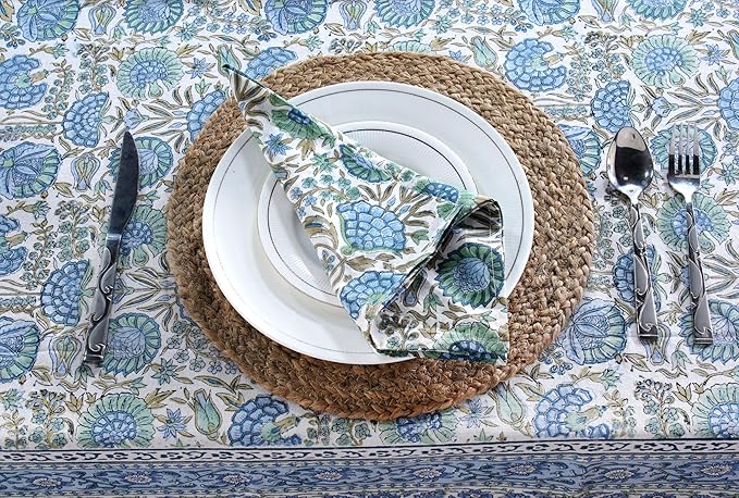 Ridhi Asparagus Green Hand Block Print Cotton Rectangle Tablecloth 90 x 60 inch-Reusable Table Cover Decorative Everyday Use for Dining Room, Farmhouse, Thanksgiving, Christmas Wedding, Fall