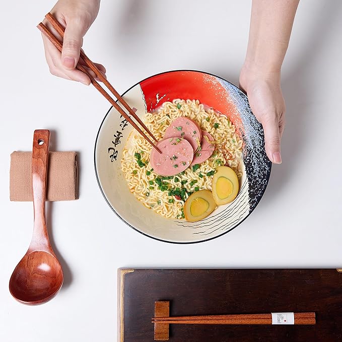 Japanese Ramen Bowl Set with Red Fuji Design - 60oz Large Ceramic Bowls, Spoons, Chopsticks for Ramen, Pho, Salad, Poke - Premium Gift for Ramen Lovers - Microwave & Dishwasher Safe