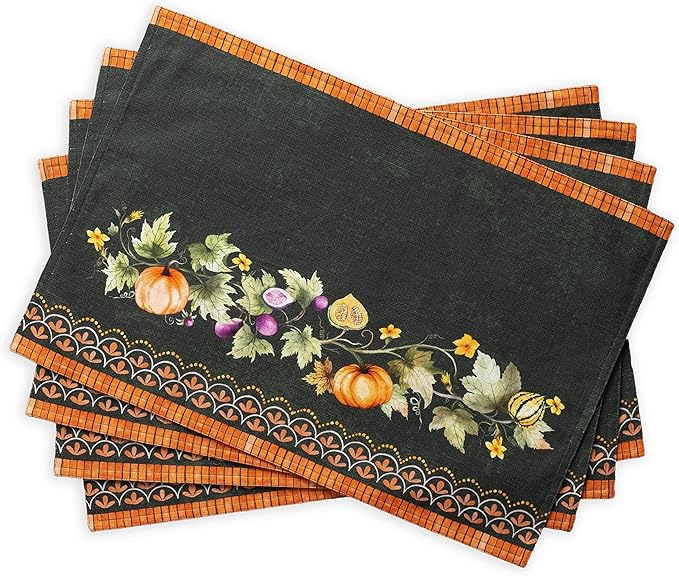 Maison d' Hermine Placemats Set of 4 100% Cotton Washable Cloth Place Mats, Reusable Table Mats for Thanksgiving Christmas Decorations Kitchen Dining Party (Pumpkin Garden - Dark Green, 13" x 19")