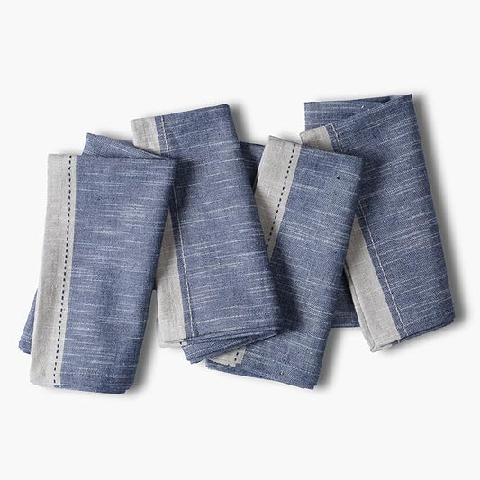 Ramanta Home Cloth Napkins Set of 4 Textured Cotton 18x18 - Premium Contrast Border Thanksgiving Dinner Napkins for Christmas Farmhouse Wedding, Soft Washable Table Linen for Everyday Use - Denim Blue