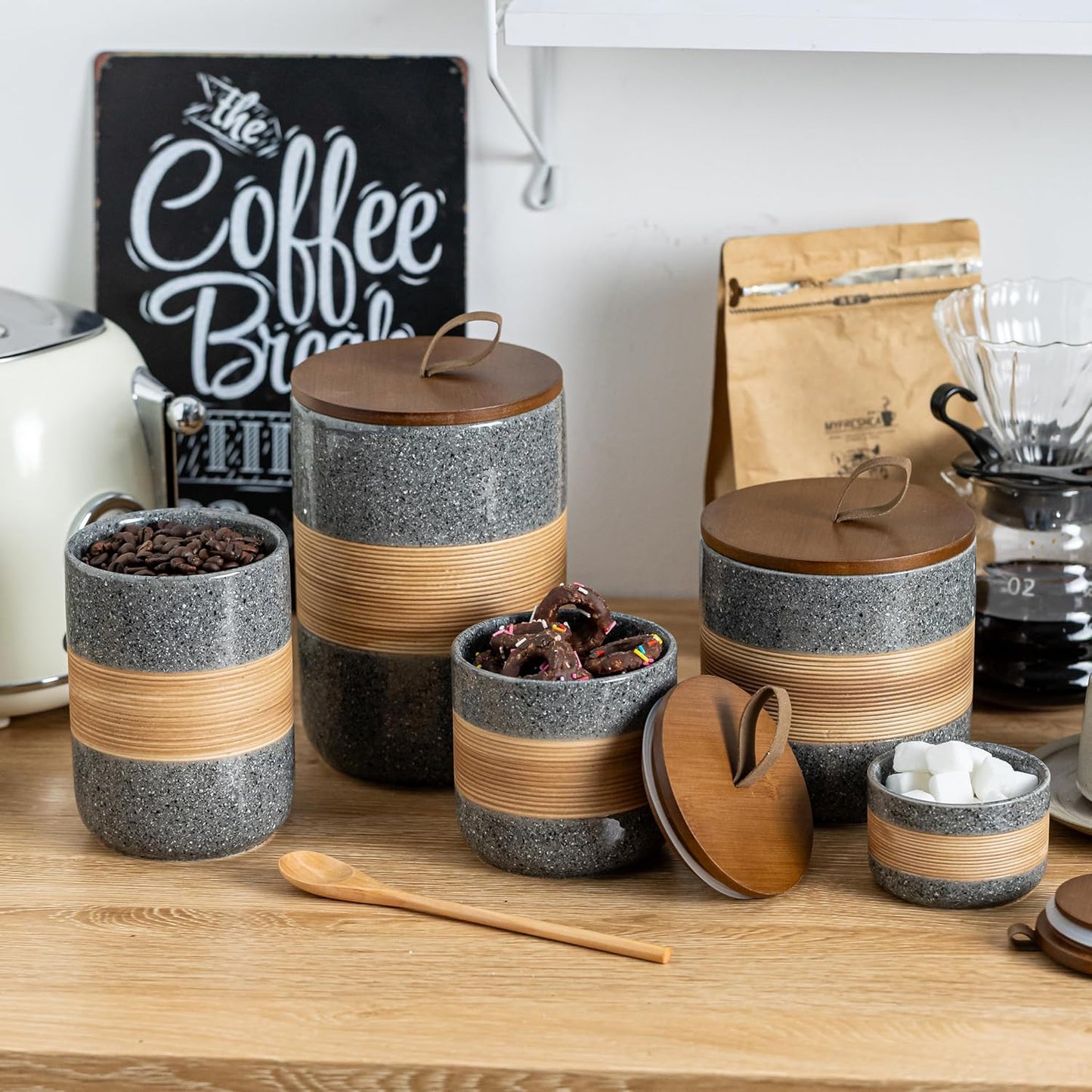 Ceramic Jar with Lid Airtight, Coffee Container Kitchen Food Storage Jars for Spice Sugar Tea Bag, Stackable Decorative Jars for Countertop, Grey & 18 fl.oz