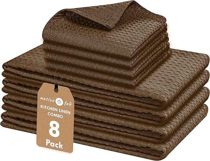 Native Fab Cotton Dish Towel & Dishcloths 8 Piece Set - Soft, Absorbent, Durable, Washable, Fast Drying Towels for Cleaning, Cooking, Baking - Ideal for Home, Kitchen, BBQ & Outdoor Use - Brown