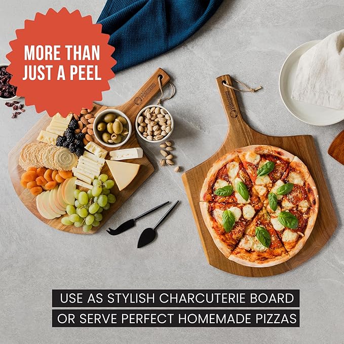 Chef Pomodoro 12-inch Acacia Pizza Peel, Wooden Pizza Peel 12 Inch, Homemade Wood Pizza Peel, Pizza Peel with Handle, Pizza Oven Accessories, Spatula Gourmet
