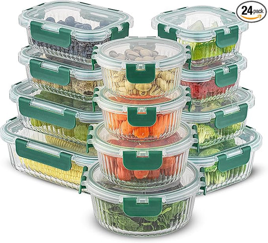 JoyJolt 24pc Borosilicate Glass Storage Containers with Lids | 12 Airtight/Freezer Safe Food Storage Containers for Pantry and Kitchen | Meal Prep Container for Lunch | Glass Tupperware Set