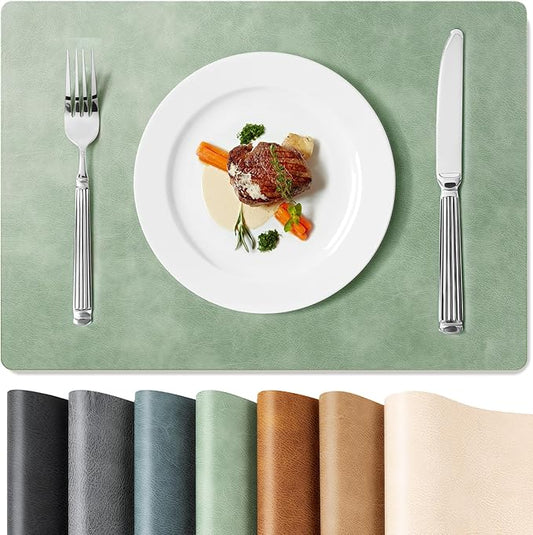 Roxifina Faux Leather Placemats Set of 4 - Vinyl Placemats Wipeable Waterproof Oil-Proof PU Place Mats Heat Resistant Reversible Table Mats for Dining, Kitchen, Outdoor, 12 x 17 Inch (Green)