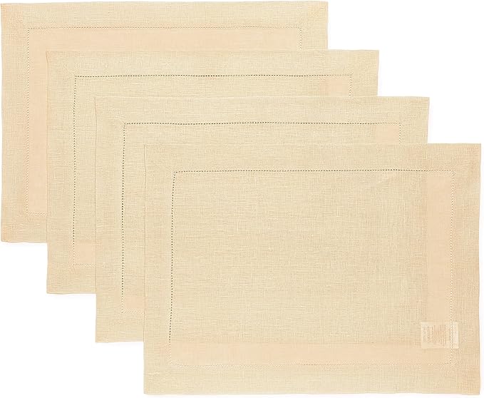 Solino Home Linen Placemats Set of 4 - Classic Hemstitch Beige Placemats 14 x 19 Inch - 100% Pure Linen Table Mats for Fall, Autumn, Thanksgiving, Christmas