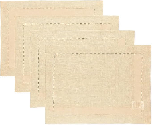 Solino Home Linen Placemats Set of 4 - Classic Hemstitch Beige Placemats 14 x 19 Inch - 100% Pure Linen Table Mats for Fall, Autumn, Thanksgiving, Christmas
