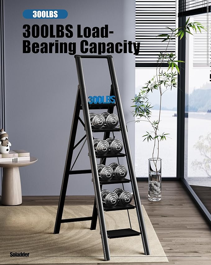 6 Step Ladder for 12 Feet High Ceiling, Folding Step Stool with Handgrip & Anti-Slip Wide Pedal, Portable Lightweight Aluminum Stepladder for Kitchen, Home (300 lbs Capacity) - Black