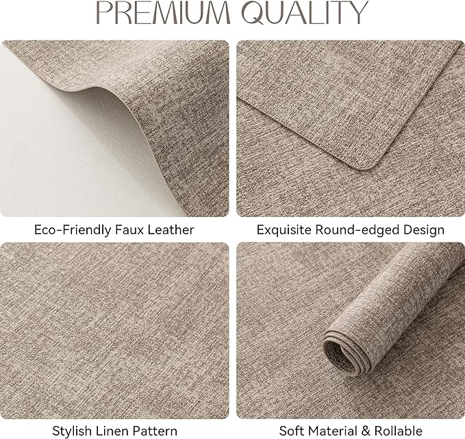 Romanstile Vinyl Placemats Set of 4-12 X 18 Inch - Heat Resistant Place Mats 100% Waterproof Oilproof Wipeable Reversible Faux Leather Table Mats for Kitchen/Dining/Party/Outdoor, Khaki