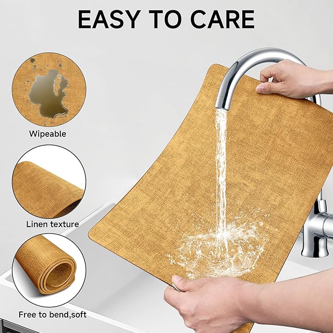 Faux Leather Vinyl Placemats Set of 6 Wipeable Heat Resistant Place Mats 100% Washable - Waterproof - Anti Slip Reversible Table Mats for Kitchen/Dining/Party/Outdoor, 12" x 16.5", Yellow