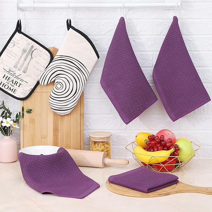 Homaxy 100% Cotton Waffle Weave Kitchen Dish Cloths, Ultra Soft Absorbent Quick Drying Dish Towels, 12 x 12 Inches, 6-Pack, Purple