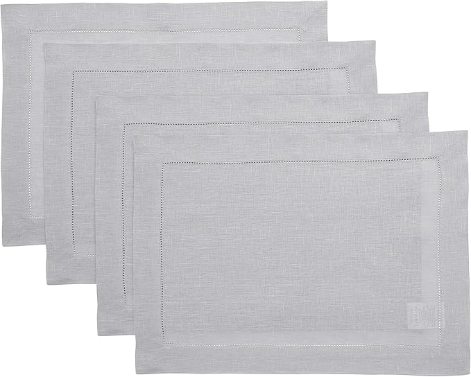 Solino Home Linen Placemats Set of 4 - Classic Hemstitch Soft Grey Placemats 14 x 19 Inch - 100% Pure Linen Table Mats for Fall, Autumn, Thanksgiving, Christmas, Winter