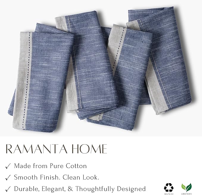 Ramanta Home Cloth Napkins Set of 4 Textured Cotton 18x18 - Premium Contrast Border Thanksgiving Dinner Napkins for Christmas Farmhouse Wedding, Soft Washable Table Linen for Everyday Use - Denim Blue