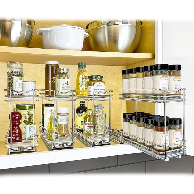 LYNK PROFESSIONAL® Pull Out Spice Rack Organizer for Inside Kitchen Cabinets - 4-3/8 inch Wide - Slide Out Drawer – Chrome Sliding Spice Cabinet Organization Shelf Racks - 2 Tier