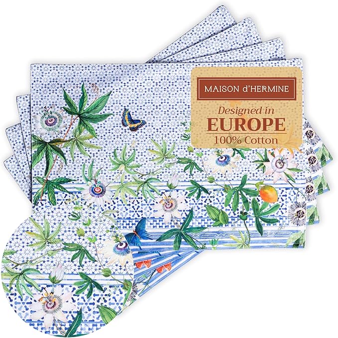 Maison d' Hermine Placemats Set of 4 100% Cotton Washable Cloth Place Mats, Reusable Table Mats for Kitchen Dining Decoration, Party, Wedding, Restaurant Spring/Summer (Passiflora, 13" x 19")
