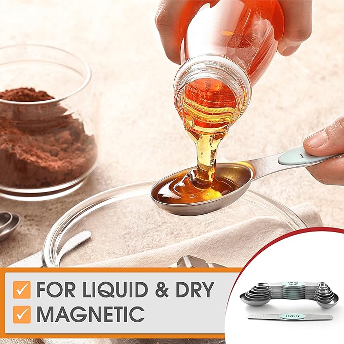 Spring Chef Stainless Steel Magnetic Measuring Spoons Set of 8 with Leveler, Metal Teaspoon & Tablespoon Measuring Spoons, Fits in Spice Jars, Kitchen Gadgets for Baking & Cooking - Set of 2 - Mint