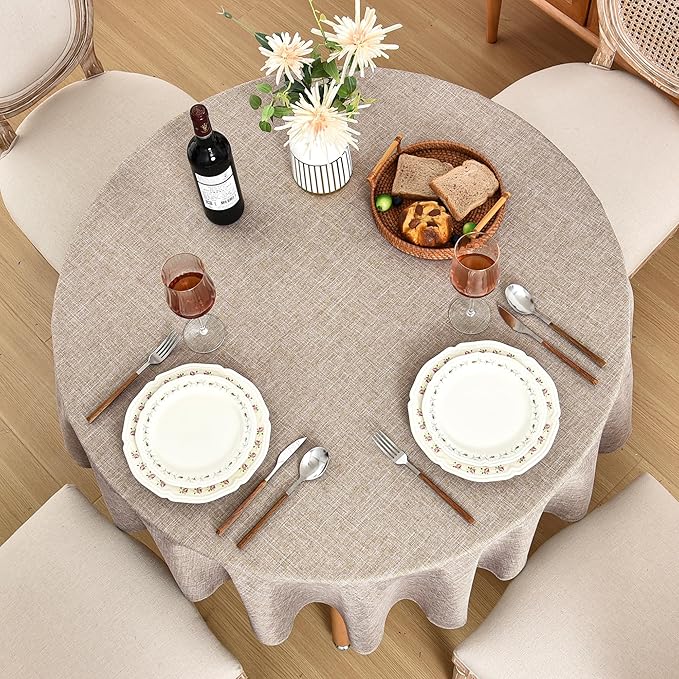 Fitable Faux Linen Round Tablecloths 60 Inches - 6 Pack Neutral Table Clothes Faux Burlap Table Covers for Kitchen, Dining Room, Party, Farmhouse, Outdoor (Great for 20"-48" Round Tables, Nature)