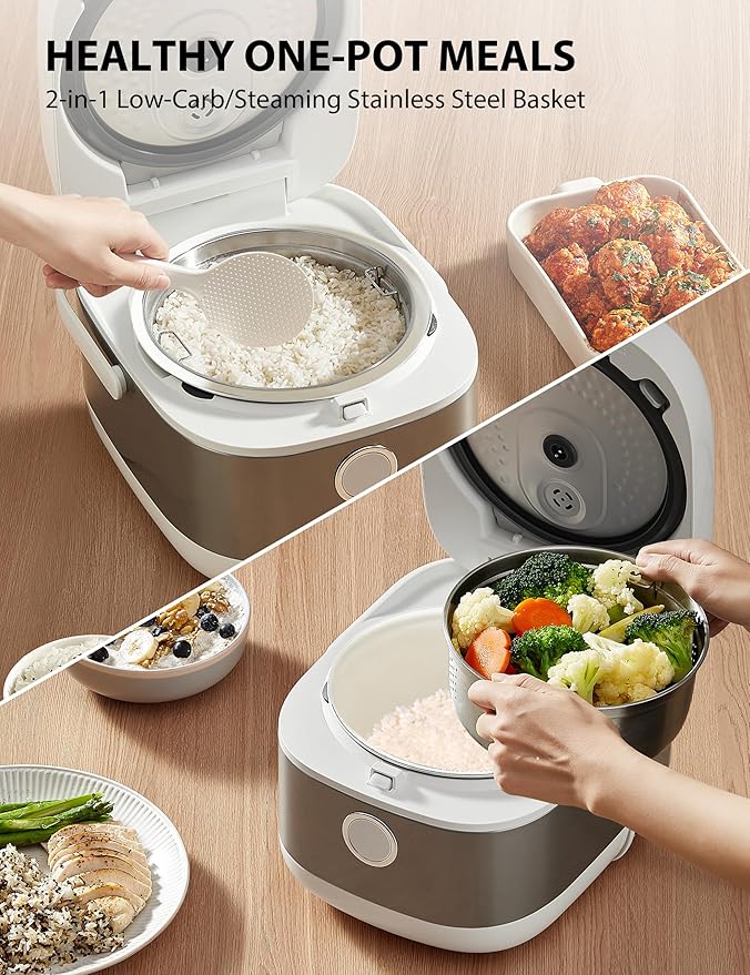 TOSHIBA Induction Heating Rice Cooker - Low Carb, Low Sugar, Digital Steamer, 5.5 Cups (Uncooked), 8 Cooking Functions, 24H Timer & Auto Keep Warm, Silvery white