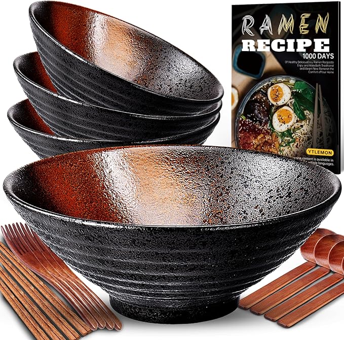 8-Inch Ceramic Ramen Bowl Set of 4 (17 Piece) - Porcelain Japanese Salad Noodles Cereal Fruit Pasta Soup Large Bowls with Recipes Chopsticks Forks Spoons for Men Women Gift Microwave Dishwasher Safe