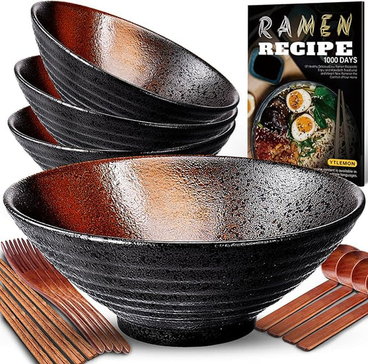 8-Inch Ceramic Ramen Bowl Set of 4 (17 Piece) - Porcelain Japanese Salad Noodles Cereal Fruit Pasta Soup Large Bowls with Recipes Chopsticks Forks Spoons for Men Women Gift Microwave Dishwasher Safe