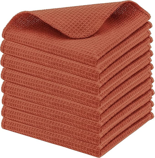 PurpleEssences Dish Cloths and Dish Rags - 8 Pack Waffle Weave Solid Kitchen Dish Wash Cloths, 100% Cotton, 12 x 12 Inches, Ultra Soft Absorbent Quick Drying - Christmas Holiday Winter - Rust