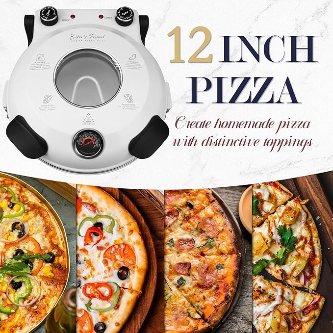 Baker's Friend Electric Pizza Oven Indoor Countertop, 12 Inch Maker Machine for Home, Cooker & Grill, Premium Glazed Ceramic Stone Oven, Creamy White