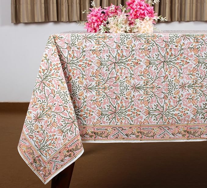 Ridhi Sassy Salmon Pink Hand Block Print Cotton Rectangle Tablecloth 118 x 70 inch-Reusable Table Cover Decorative Everyday Use for Dining Room, Farmhouse, Thanksgiving, Christmas Wedding, Fall
