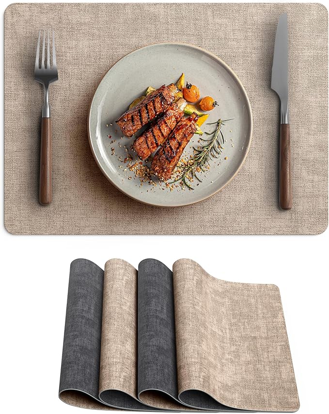 Faux Leather Vinyl Placemats Set of 4 Wipeable Heat Resistant Place Mats 100% Washable - Waterproof - Anti Slip Reversible Table Mats for Kitchen/Dining/Party/Outdoor, 12" x 16.5", Khaki & Black
