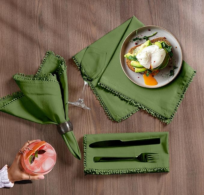 Bedding Craft Cotton Cloth Dinner Napkins Set of 12 – 18x18 Salted Lime with Decorative Lace Selvedge – Reusable Machine Washable Fabric Napkins for Weddings, Baby Showers, Parties & Dining